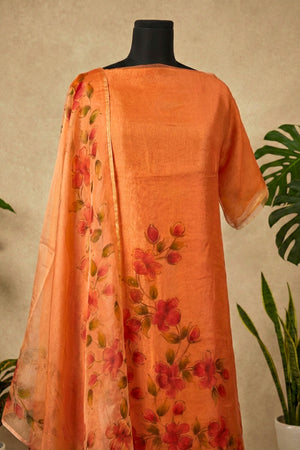 Sunset Orange Hand-Painted Floral Organza Unstitched Suit Set by Label Tamanna