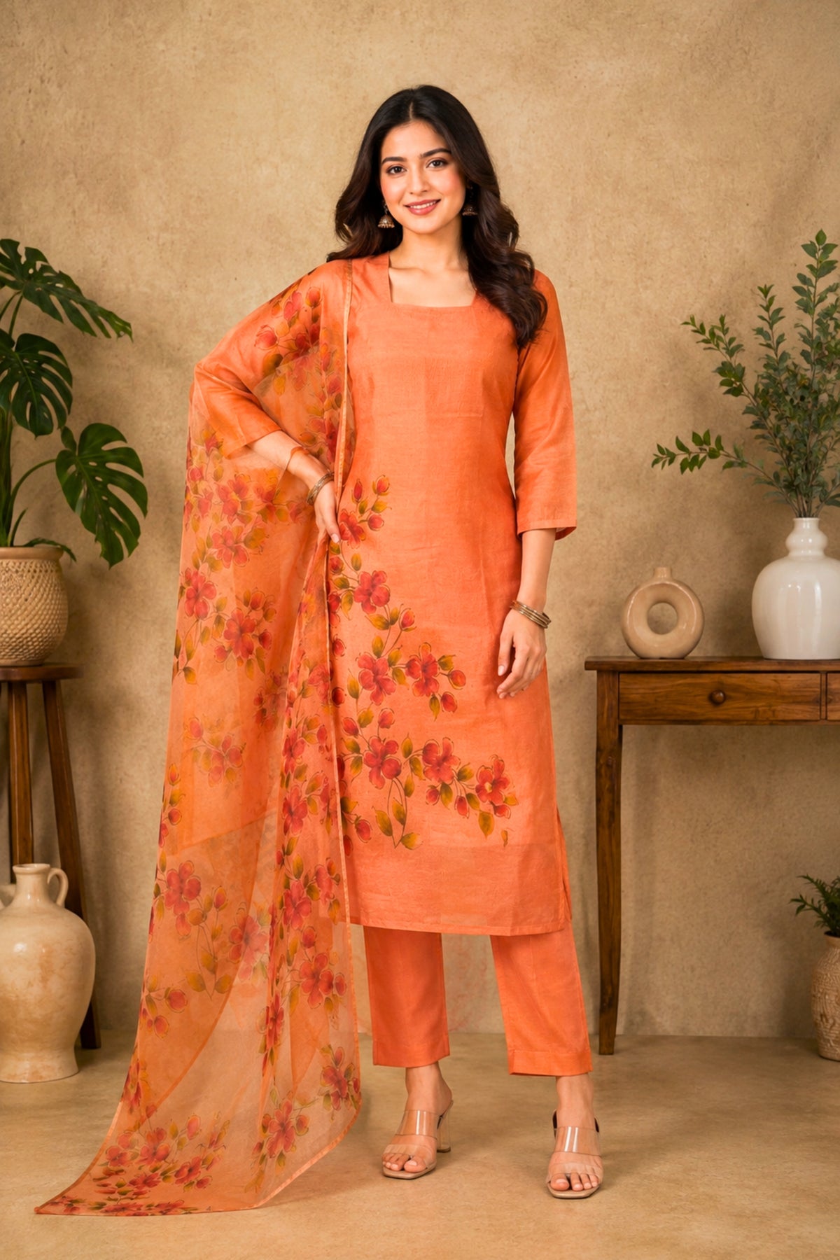 Sunset Orange Hand-Painted Floral Organza Unstitched Suit Set by Label Tamanna
