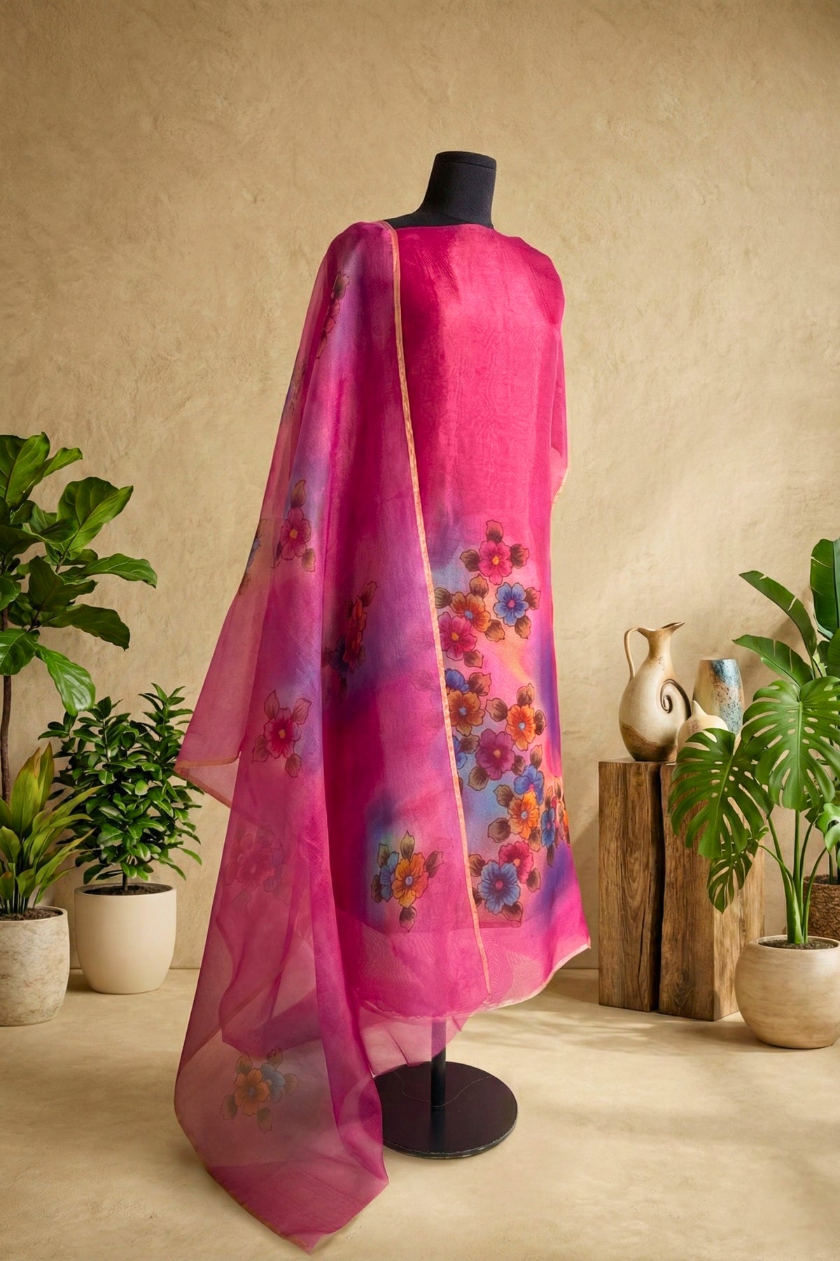 Magenta Hand-Painted Floral Organza Unstitched Suit Set by Label Tamanna