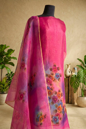 Magenta Hand-Painted Floral Organza Unstitched Suit Set by Label Tamanna