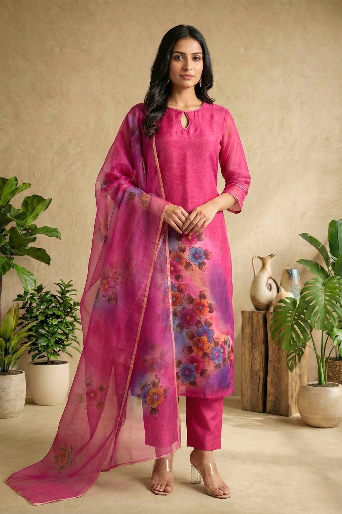 Magenta Hand-Painted Floral Organza Unstitched Suit Set by Label Tamanna
