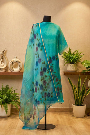 Turquoise Blue Hand-Painted Floral Organza Unstitched Suit Set by Label Tamanna