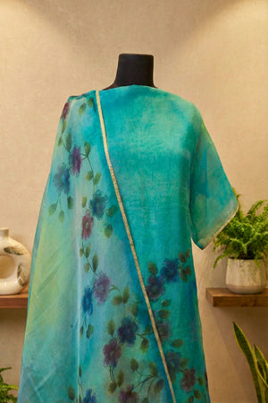 Turquoise Blue Hand-Painted Floral Organza Unstitched Suit Set by Label Tamanna