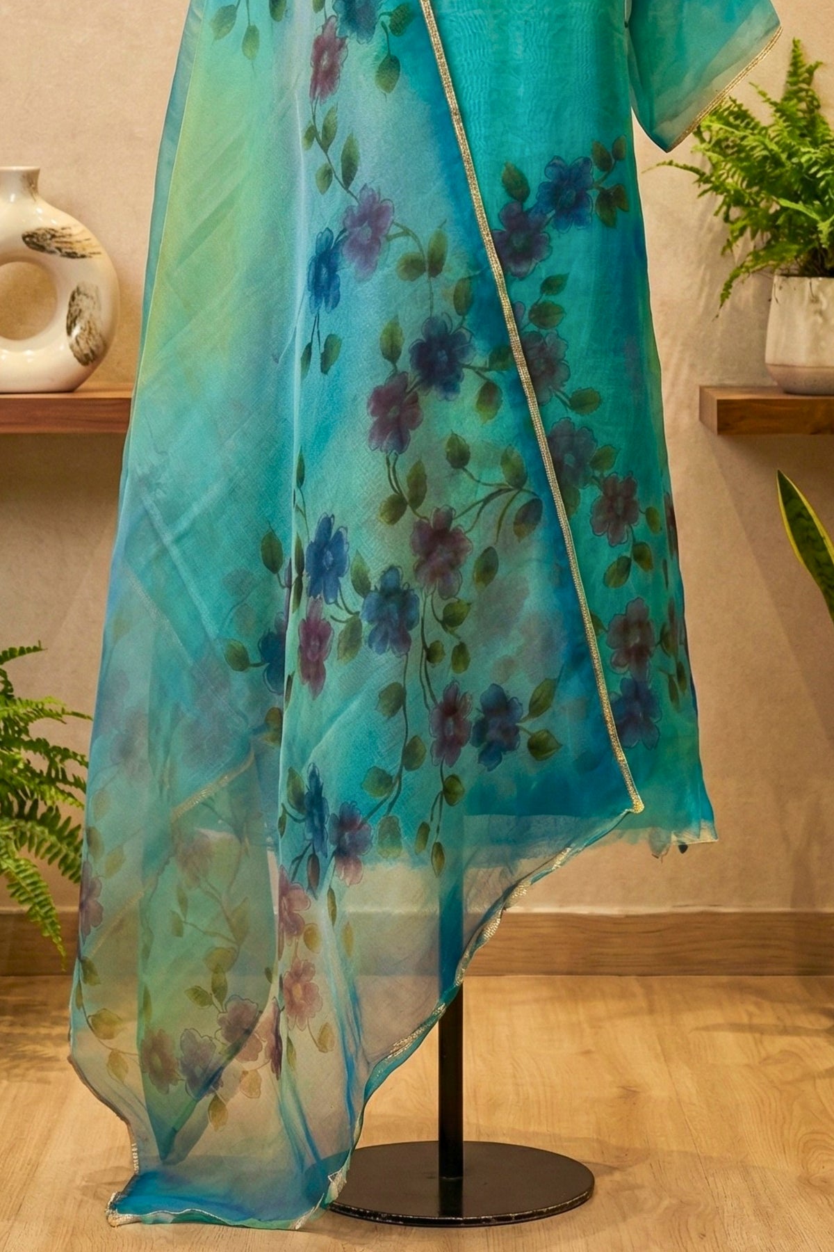 Turquoise Blue Hand-Painted Floral Organza Unstitched Suit Set by Label Tamanna