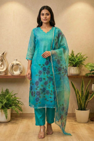 Turquoise Blue Hand-Painted Floral Organza Unstitched Suit Set by Label Tamanna