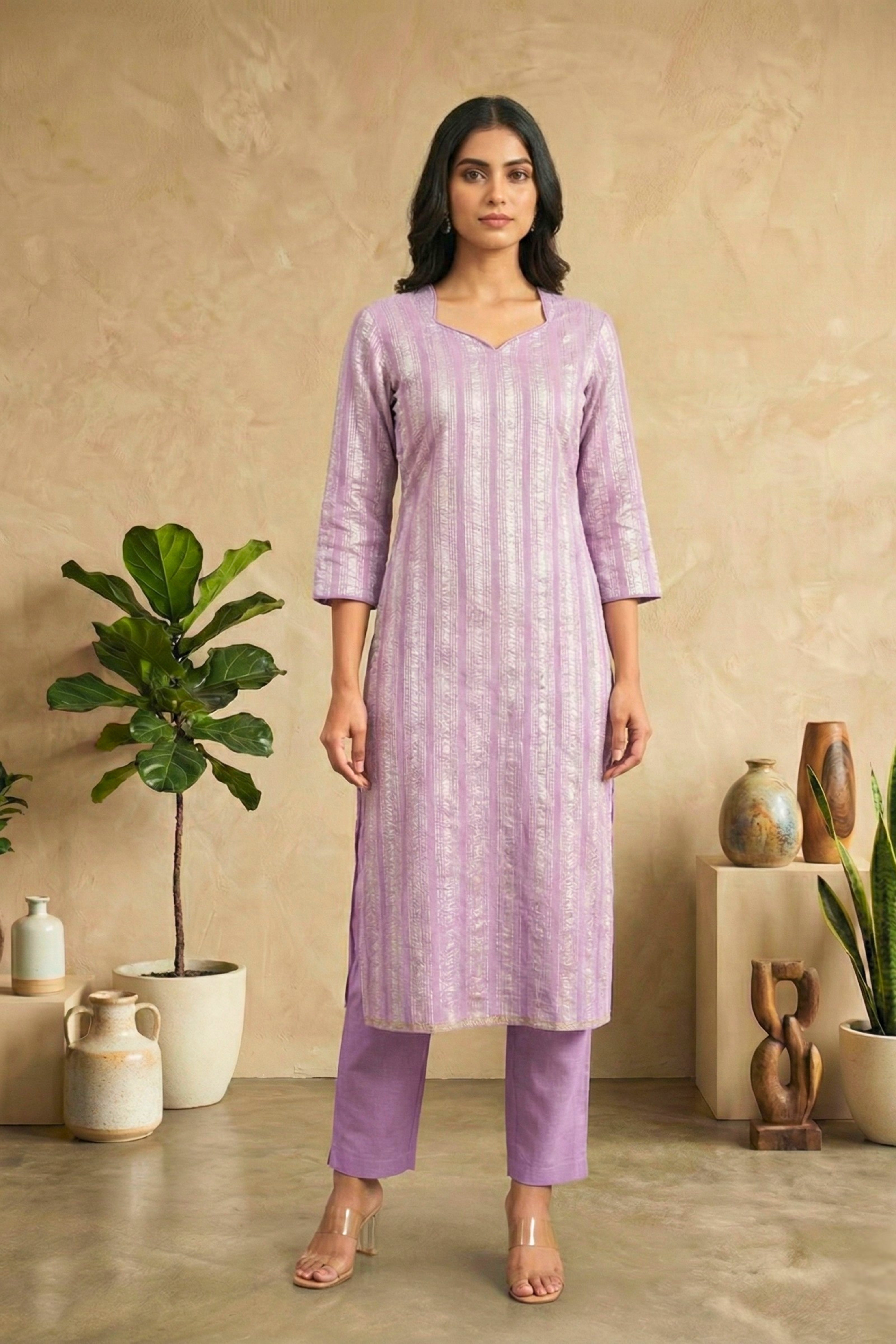 Elegant Lavender Moonga Silk Unstitched Dress Material