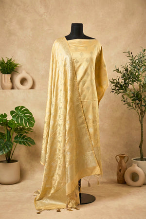 Gold Banarasi Satin Silk Unstitched Suit Set with Zari Dupatta