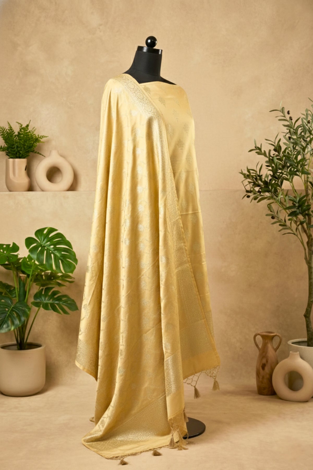 Gold Banarasi Satin Silk Unstitched Suit Set with Zari Dupatta