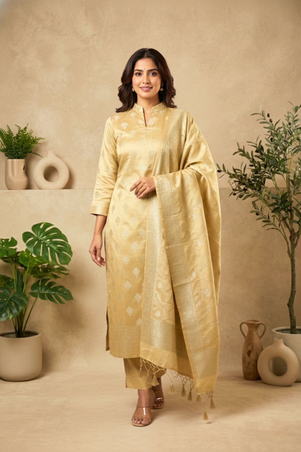 Gold Banarasi Satin Silk Unstitched Suit Set with Zari Dupatta