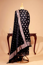 Jet Black Banarasi Satin Silk Unstitched Suit Set with Zari Dupatta