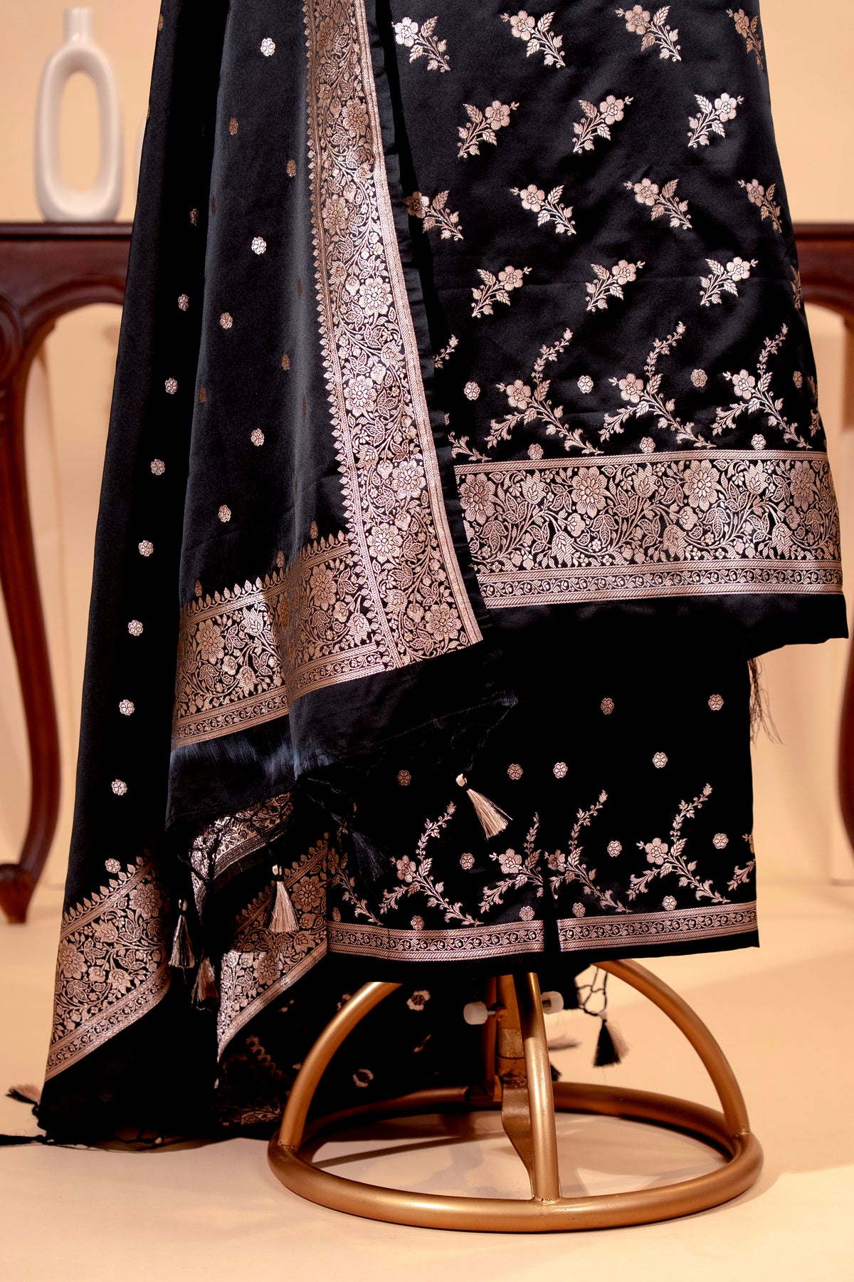 Jet Black Banarasi Satin Silk Unstitched Suit Set with Zari Dupatta