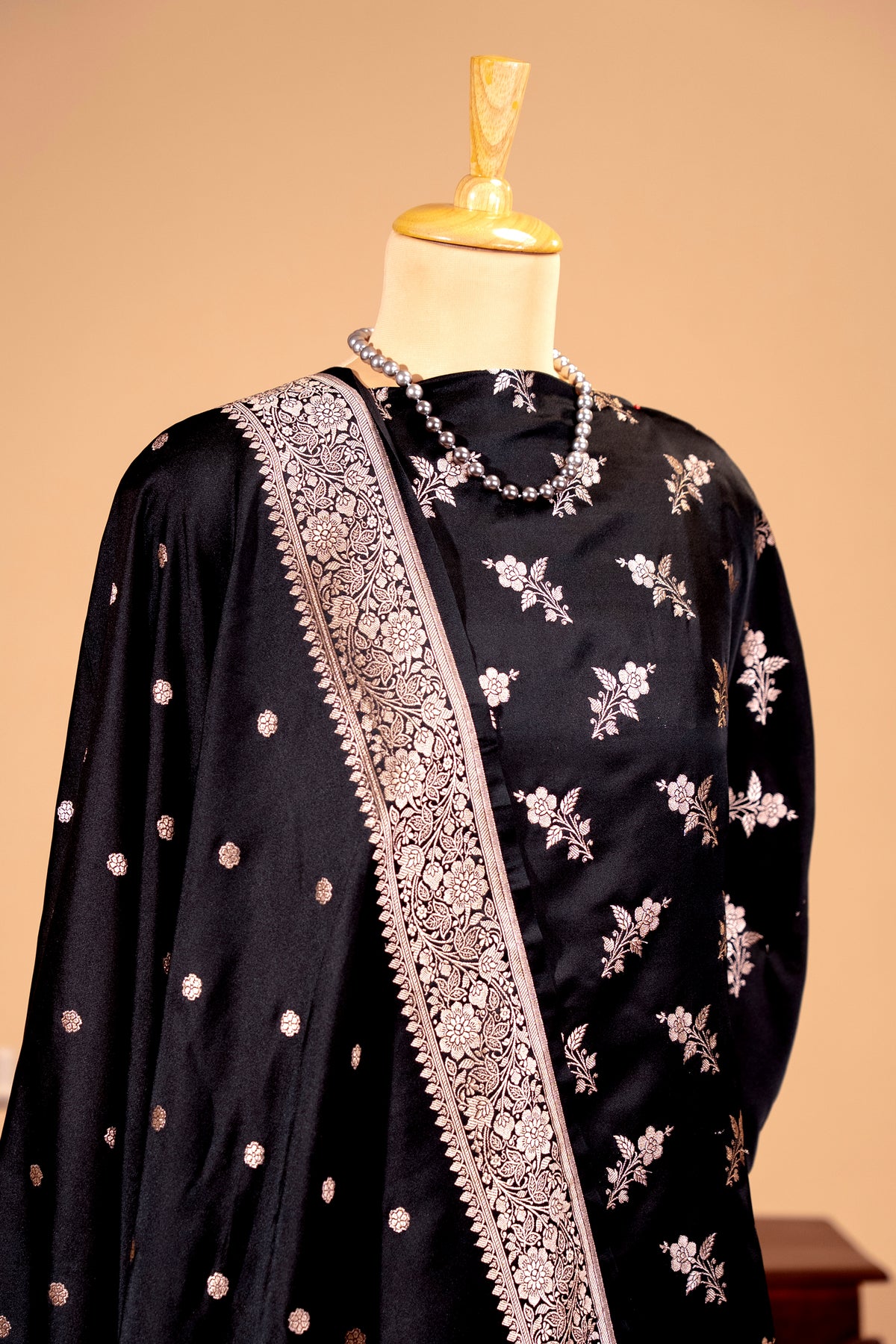 Jet Black Banarasi Satin Silk Unstitched Suit Set with Zari Dupatta