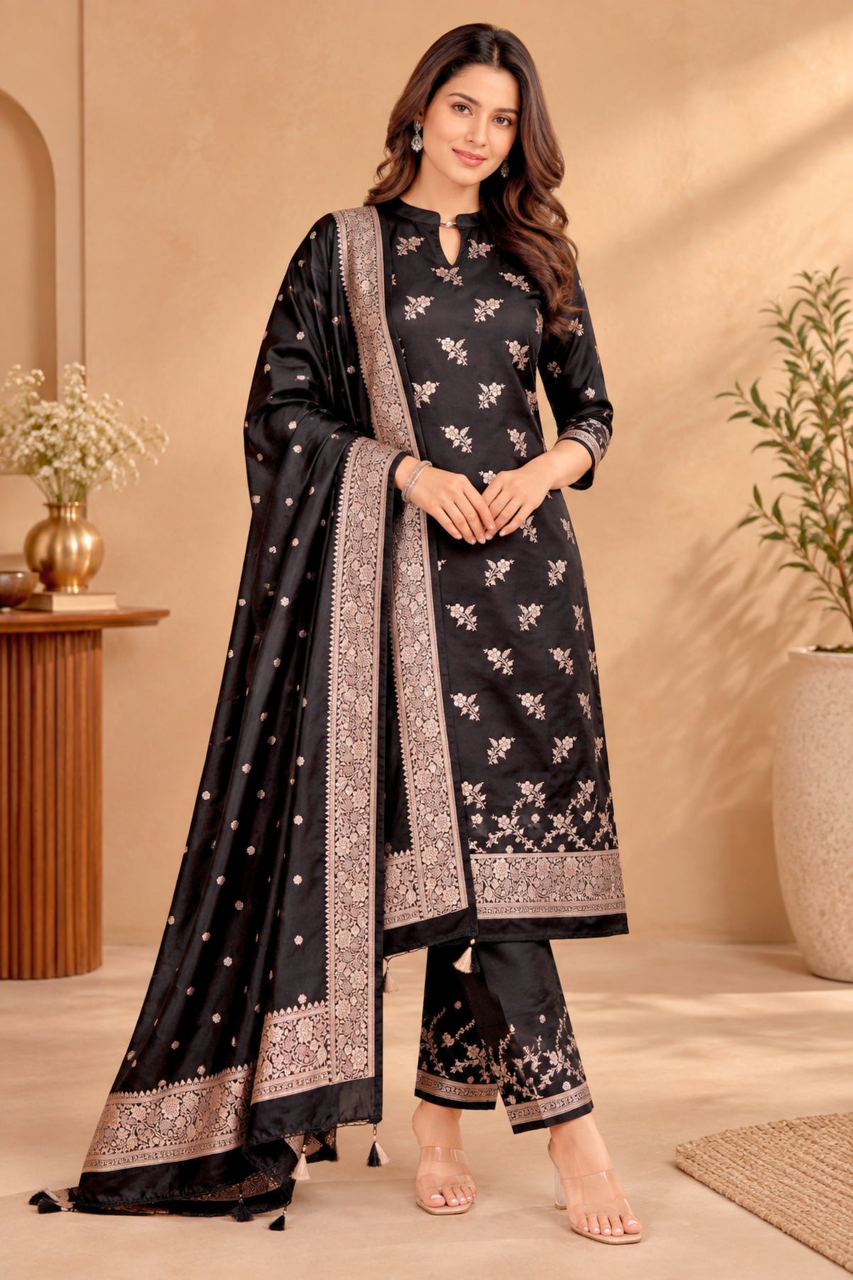 Jet Black Banarasi Satin Silk Unstitched Suit Set with Zari Dupatta