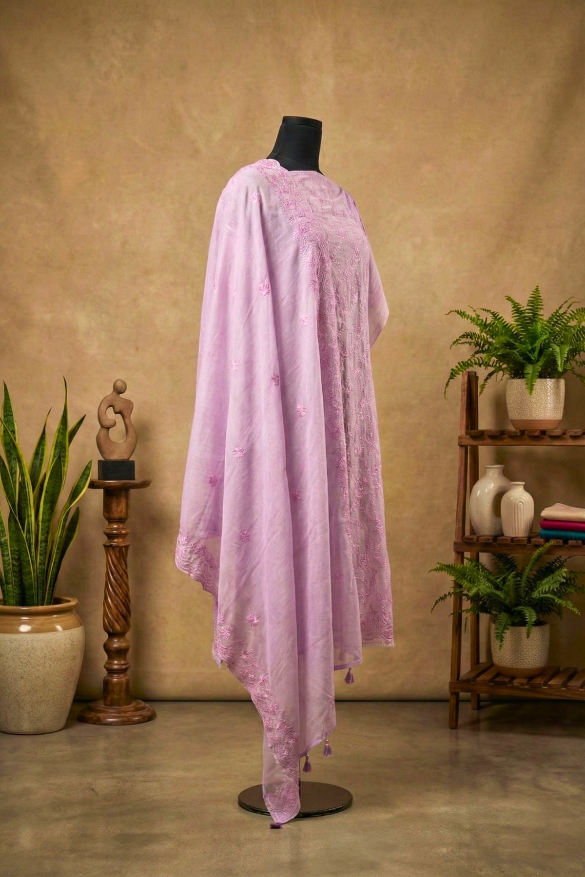 Lilac Mul Chanderi Unstitched Suit Set with Tonal Floral Embroidery
