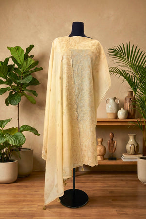 Cream Mul Chanderi Unstitched Suit Set with Tonal Floral Embroidery