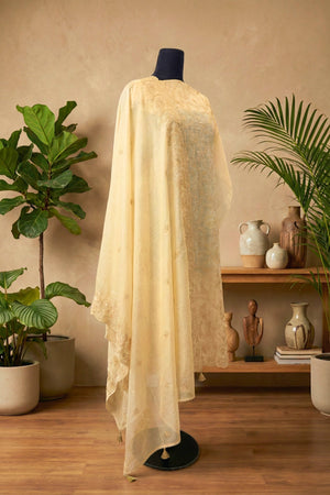 Cream Mul Chanderi Unstitched Suit Set with Tonal Floral Embroidery