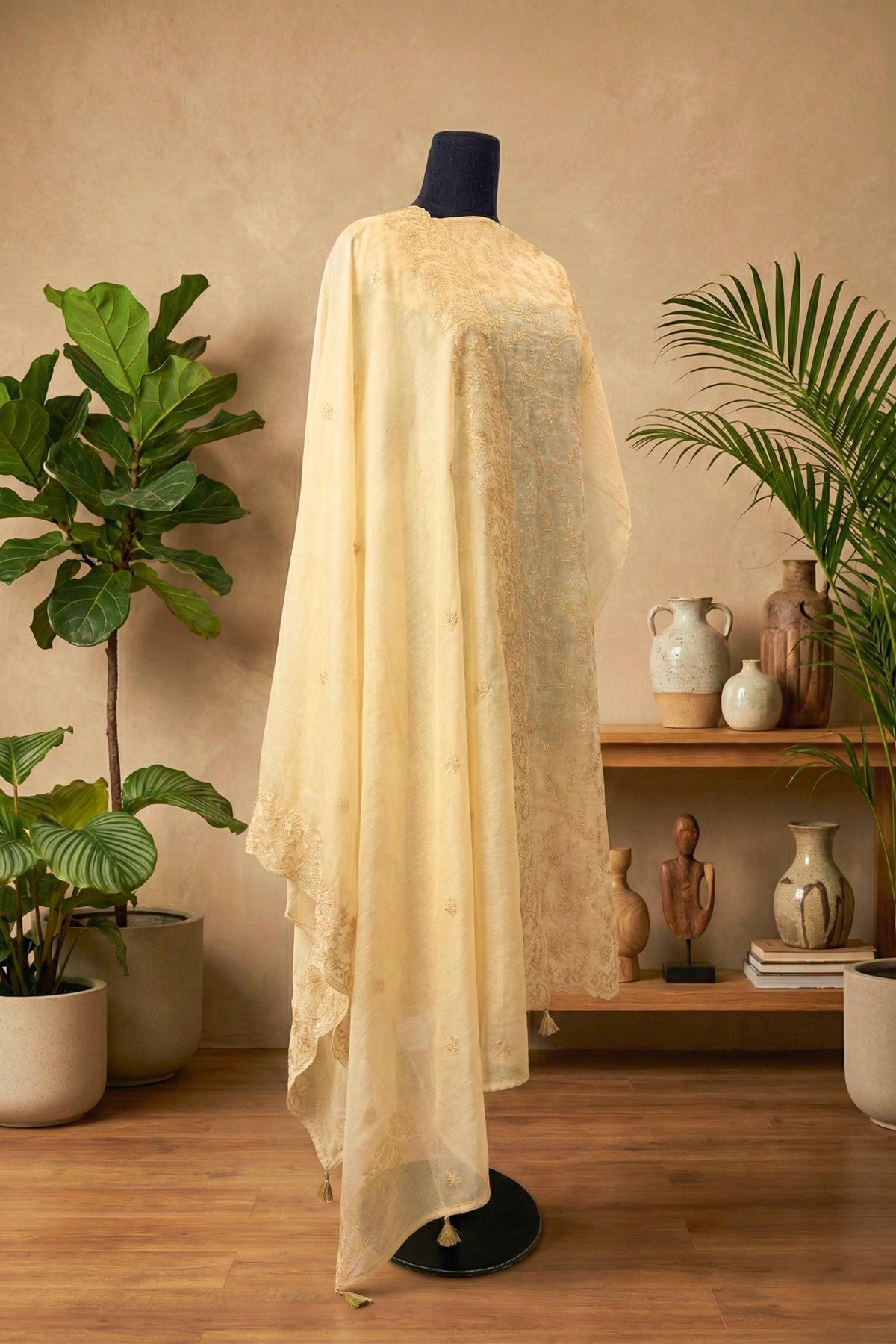 Cream Mul Chanderi Unstitched Suit Set with Tonal Floral Embroidery
