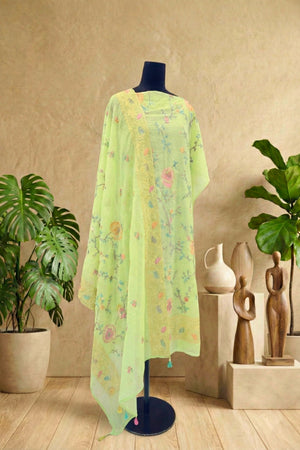 Lime Green Mul Chanderi Unstitched Suit Set with Floral Embroidery