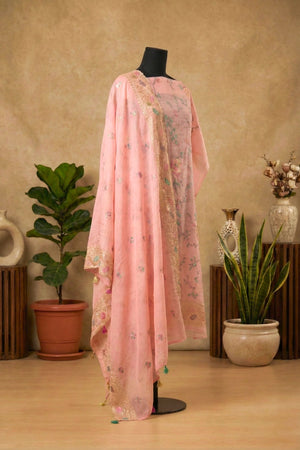 Blush Pink Mul Chanderi Unstitched Suit Set with Floral Embroidery