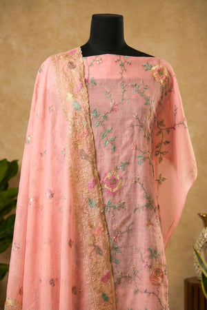 Blush Pink Mul Chanderi Unstitched Suit Set with Floral Embroidery