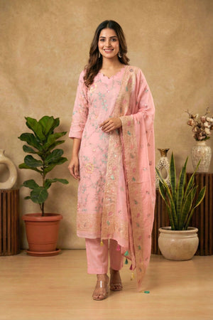 Blush Pink Mul Chanderi Unstitched Suit Set with Floral Embroidery