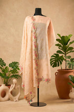 Blush Peach Mul Chanderi Unstitched Suit Set with Multi-Colored Floral Embroidery by Label Tamanna