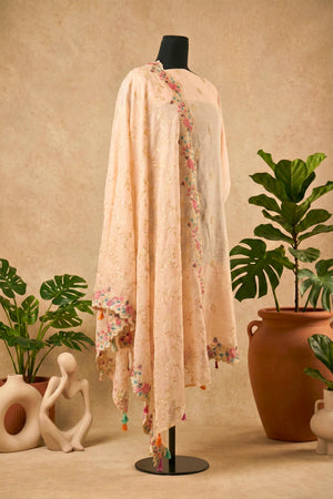 Blush Peach Mul Chanderi Unstitched Suit Set with Multi-Colored Floral Embroidery by Label Tamanna