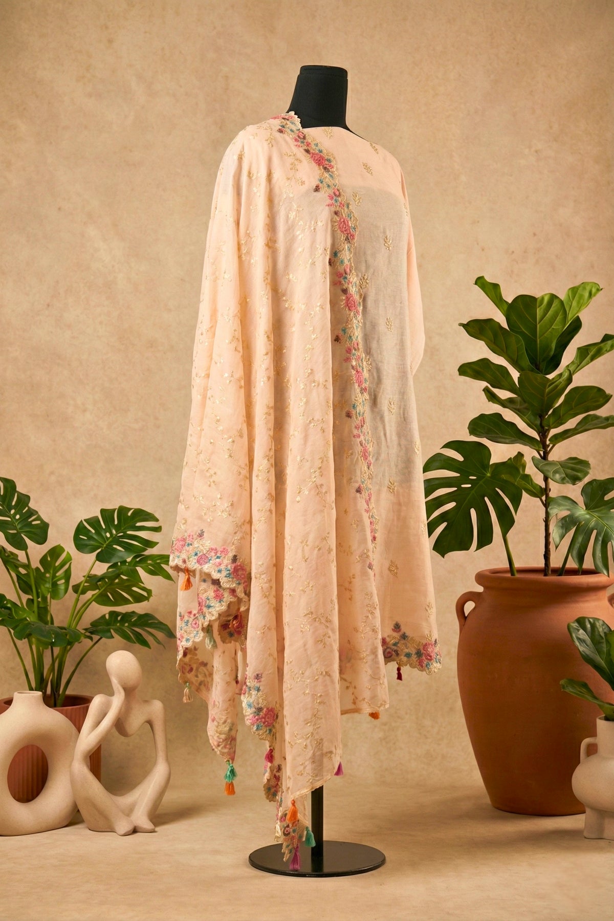 Blush Peach Mul Chanderi Unstitched Suit Set with Multi-Colored Floral Embroidery by Label Tamanna