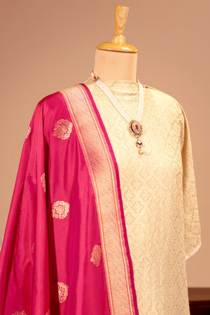 Cream Bandhani Georgette Unstitched Suit Set with Magenta Banarasi Silk Dupatta by Label Tamanna