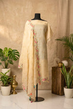 Cream Mul Chanderi Unstitched Suit Set with Multicolour Floral Embroidery