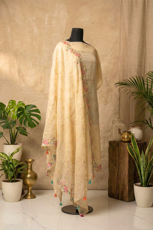 Cream Mul Chanderi Unstitched Suit Set with Multicolour Floral Embroidery