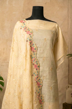 Cream Mul Chanderi Unstitched Suit Set with Multicolour Floral Embroidery