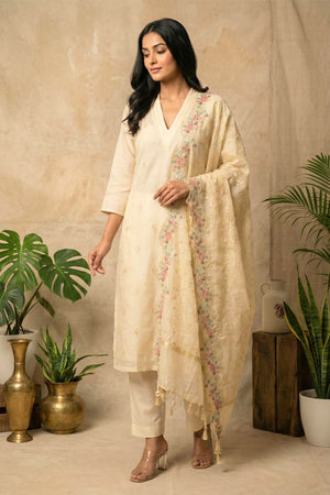 Cream Mul Chanderi Unstitched Suit Set with Multicolour Floral Embroidery