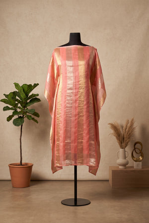 Elegant Peach & Gold Zari Stripe Organza Unstitched Suit Material