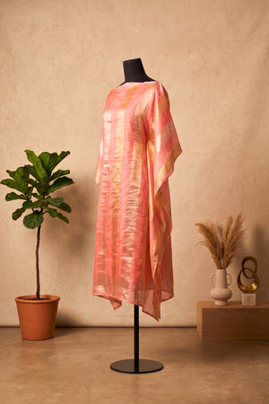 Elegant Peach & Gold Zari Stripe Organza Unstitched Suit Material