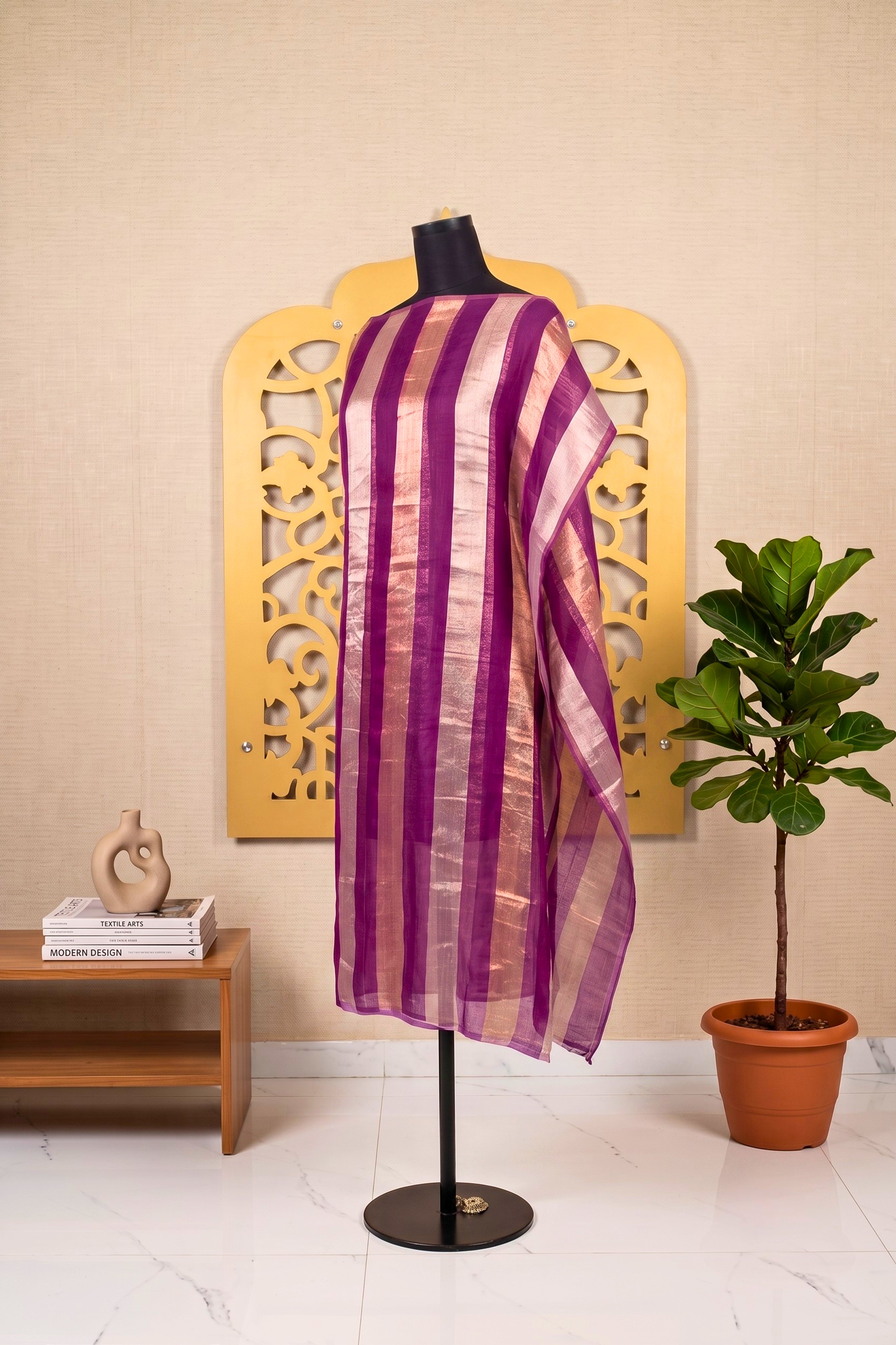 Elegant Deep Purple & Gold Zari Stripe Organza Unstitched Suit Material