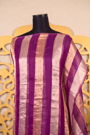 Elegant Deep Purple & Gold Zari Stripe Organza Unstitched Suit Material