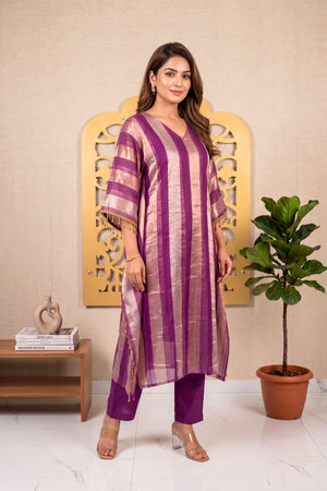 Elegant Deep Purple & Gold Zari Stripe Organza Unstitched Suit Material