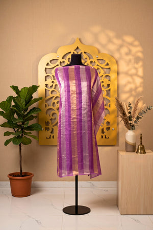 Vibrant Purple & Gold Zari Stripe Organza Unstitched Suit Material