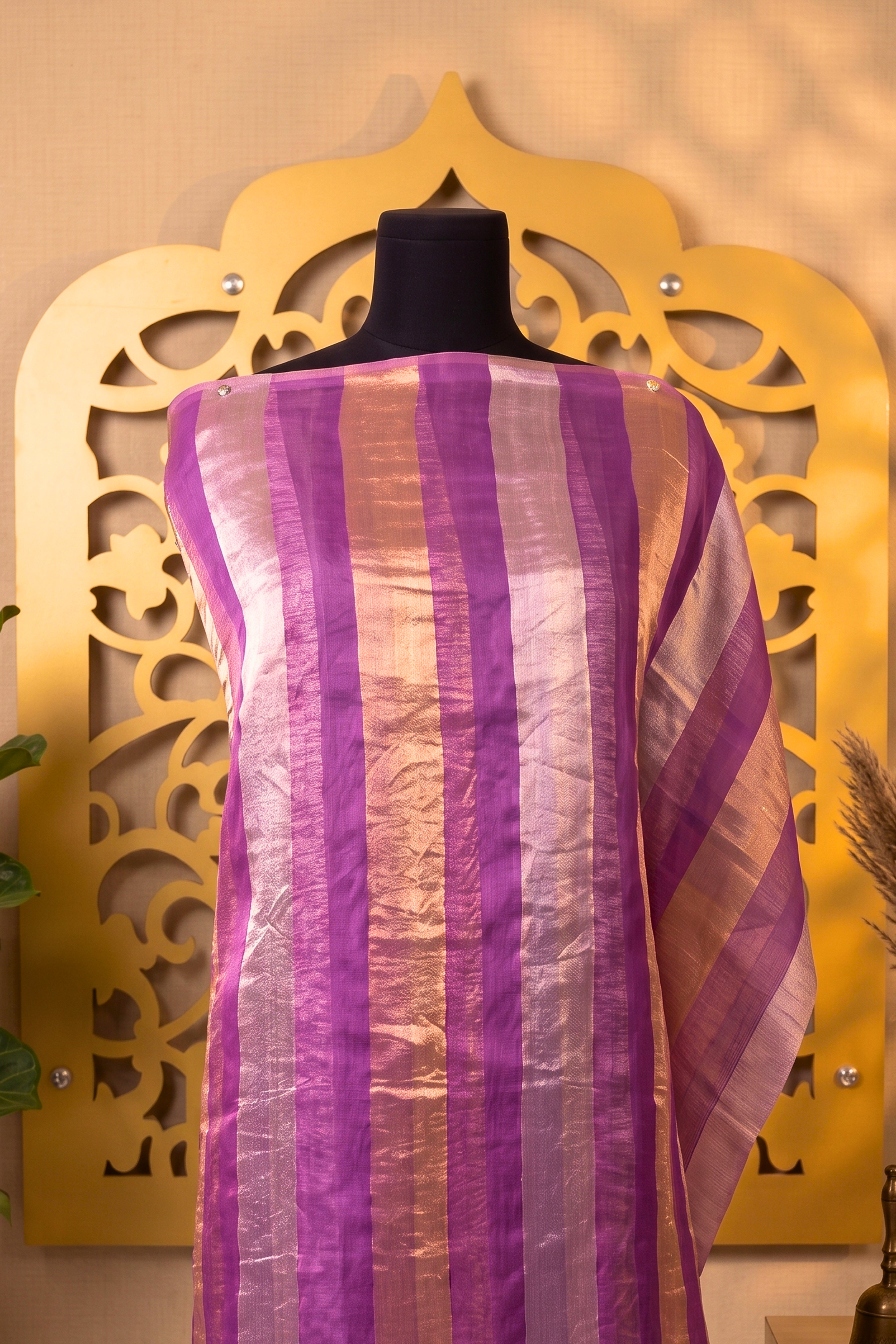Vibrant Purple & Gold Zari Stripe Organza Unstitched Suit Material