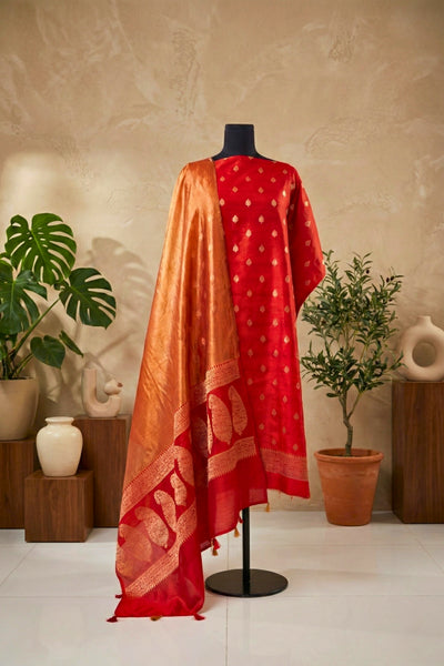 Red Chiniya Silk Unstitched Suit Set with Golden Tissue Silk Dupatta