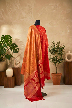 Red Chiniya Silk Unstitched Suit Set with Golden Tissue Silk Dupatta