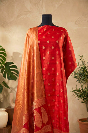 Red Chiniya Silk Unstitched Suit Set with Golden Tissue Silk Dupatta