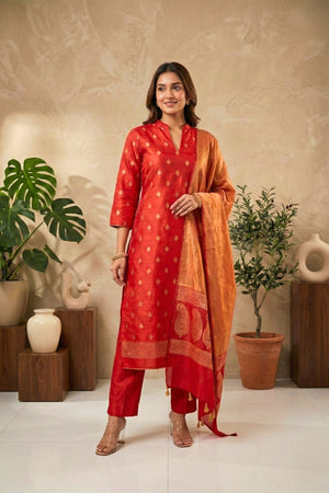 Red Chiniya Silk Unstitched Suit Set with Golden Tissue Silk Dupatta