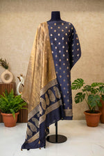 Midnight Blue Chiniya Silk Unstitched Suit Set with Golden Tissue Dupatta