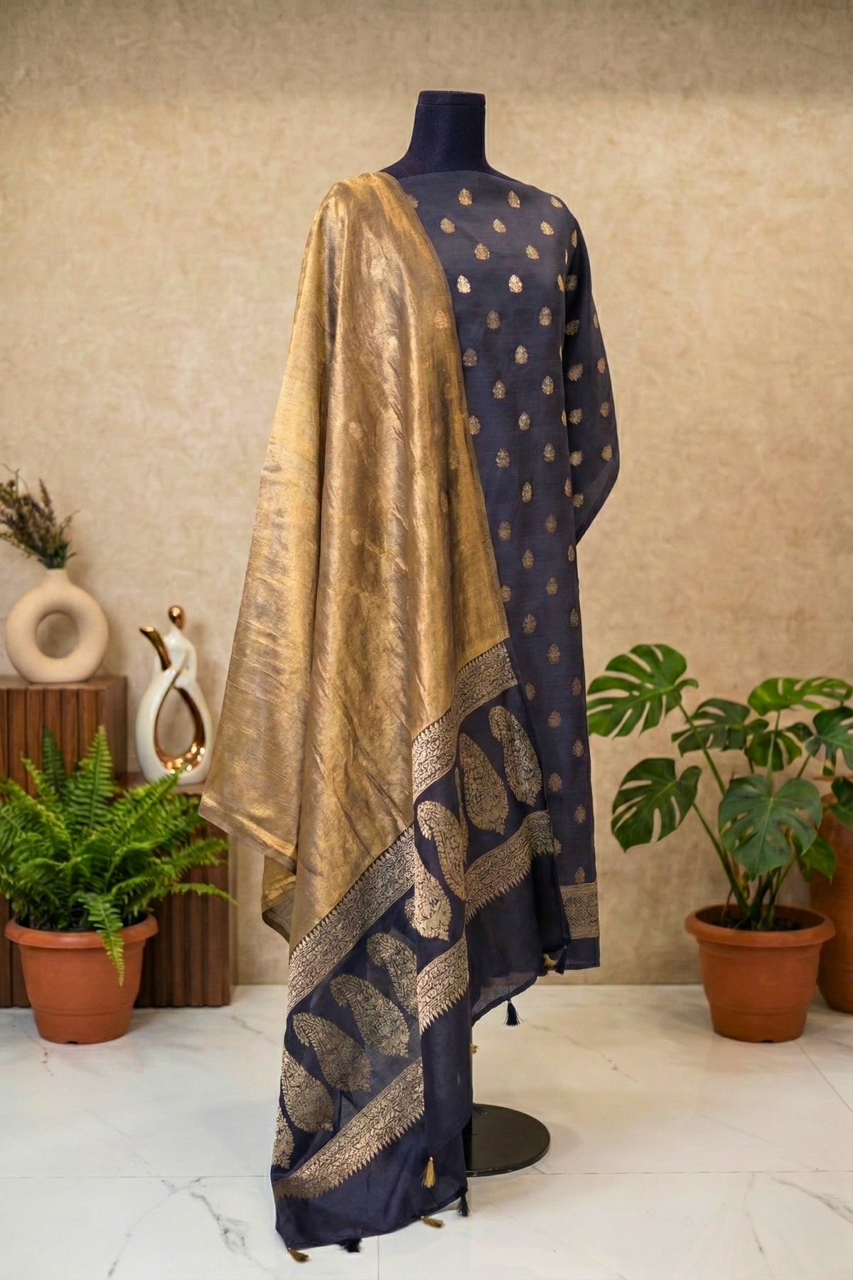 Midnight Blue Chiniya Silk Unstitched Suit Set with Golden Tissue Dupatta
