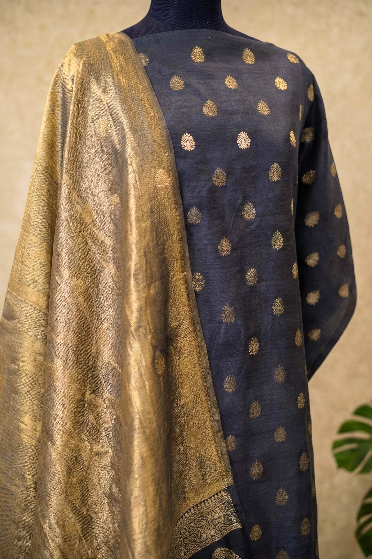 Midnight Blue Chiniya Silk Unstitched Suit Set with Golden Tissue Dupatta