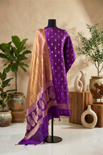 Royal Violet Chiniya Silk Unstitched Suit Set with Golden Tissue Dupatta