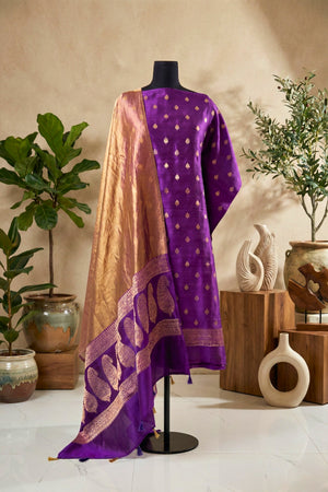 Royal Violet Chiniya Silk Unstitched Suit Set with Golden Tissue Dupatta