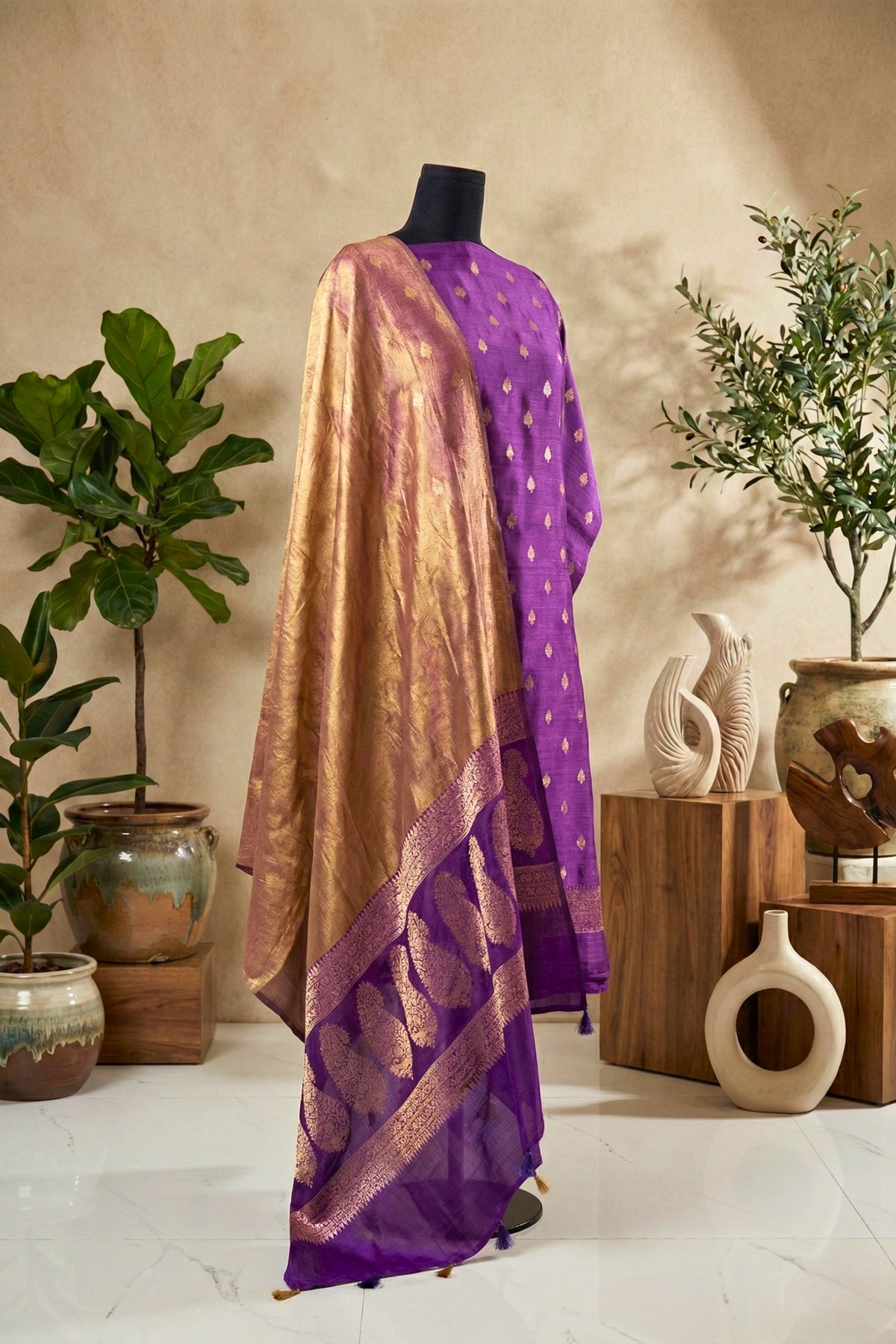 Royal Violet Chiniya Silk Unstitched Suit Set with Golden Tissue Dupatta